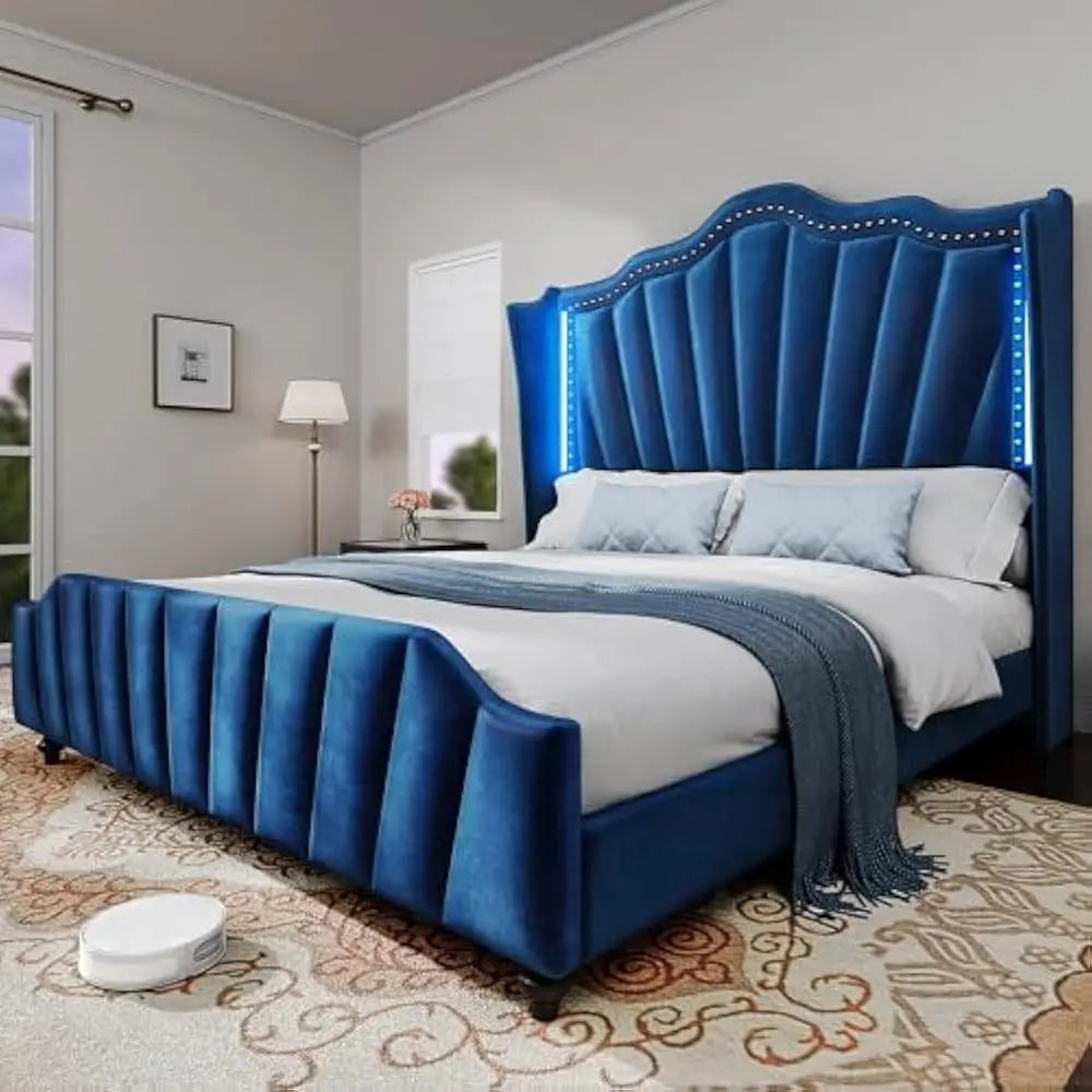 LED Queen Size Bed Frame with 60" Tall Wingback Headboard and Footboard, Solid Wood Leg, No Box Spring Needed, Easy Assembly