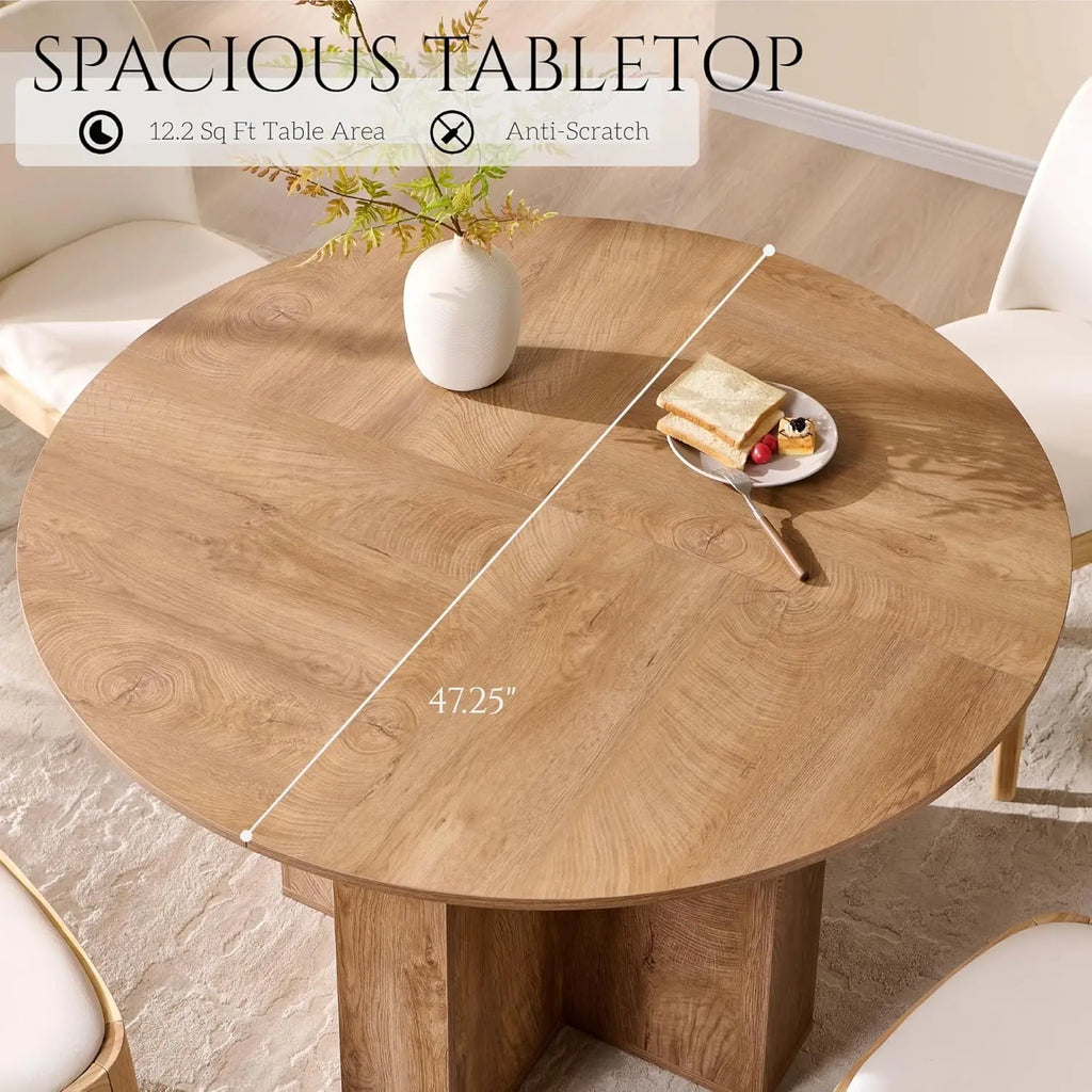 47' Round Dining Table for 4-6 People, Thick Wood Kitchen Table with Sturdy Base & Curved Edge, Modern Circle Dinner