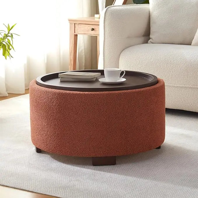 30 Inch Round Storage Ottoman Coffee Table, Modern Boucle Ottoman with Lift-Off Lid and Solid Wood Legs for Living ，Customized
