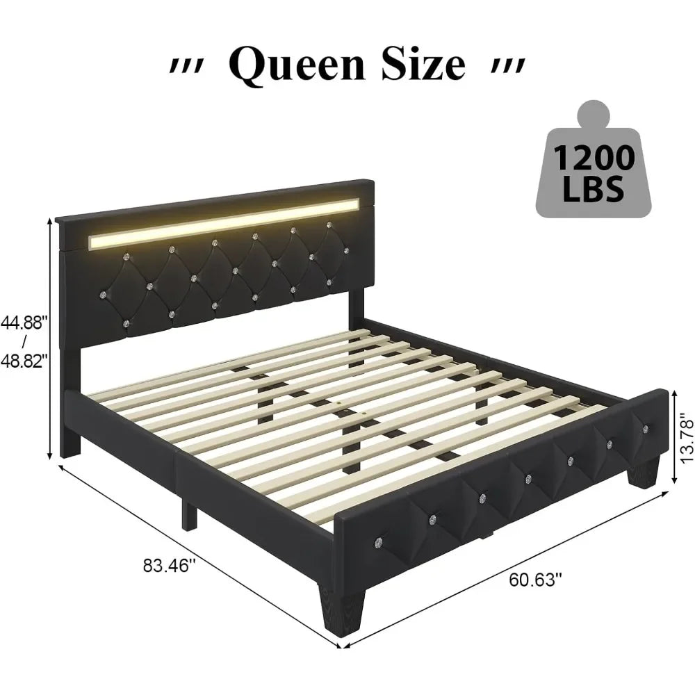 Faux Leather Platform Bed Frame with LED Light And Charging Station Handcrafted Crystal Button Adjustable Headboard Queen Size