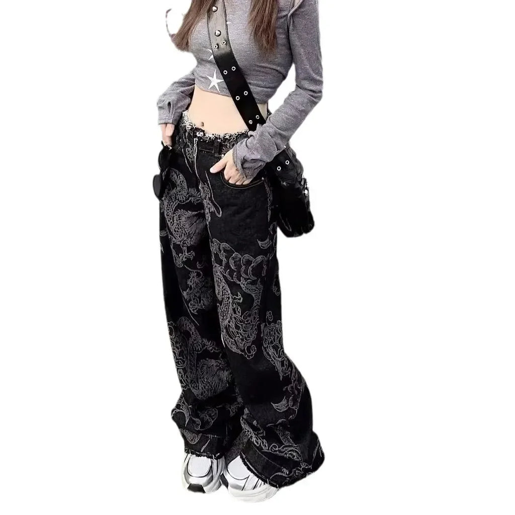 Trendy New Design Sensible Wide-Leg Jeans With Dragon Print For Men And Women Loose-Fit Slimming Harem Pants Fashionable