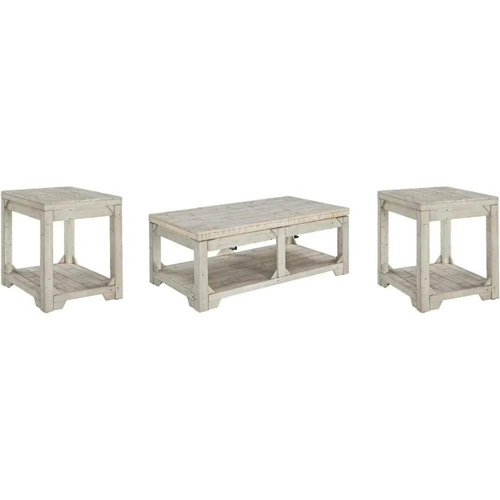 Farmhouse Style Rectangular Coffee Table with Lift Top and Floor Shelf, Whitewash Weathered Finish