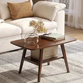 100% Solid Oak Wood Coffee Table for Living Room, 2-Tier Small Table with Storage Shelf, Mid Century Modern Coffee Tables (Walnu