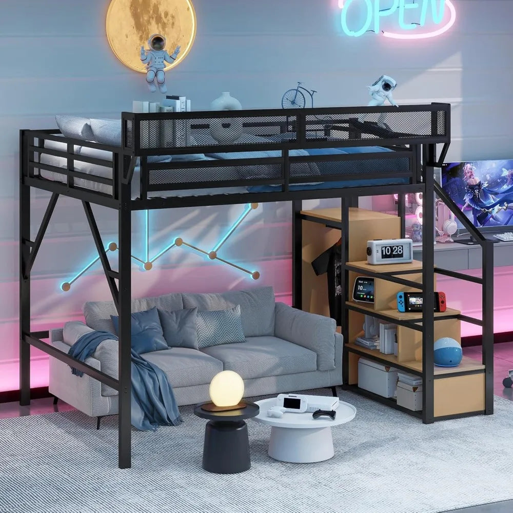 Queen Size Loft Bed with Stairs and Storage, Metal Loft Bed Frame with Bedside Shelf and Large Under-Bed Space, Heavy-Duty Beds