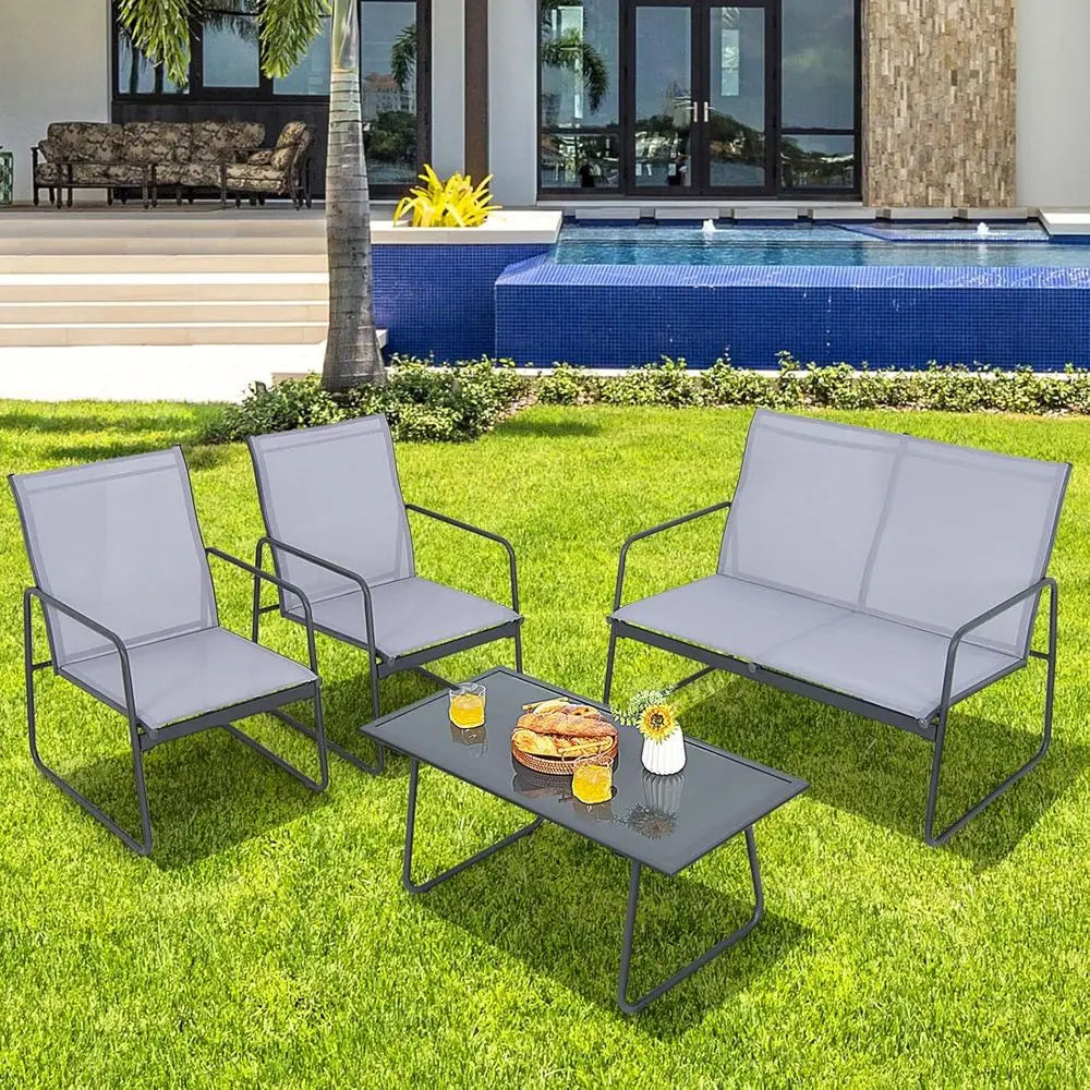 Gray Outdoor Patio Furniture Set: 4-Piece Metal and Fabric Conversation Area with Tempered Glass Table for Garden, Poolside Use