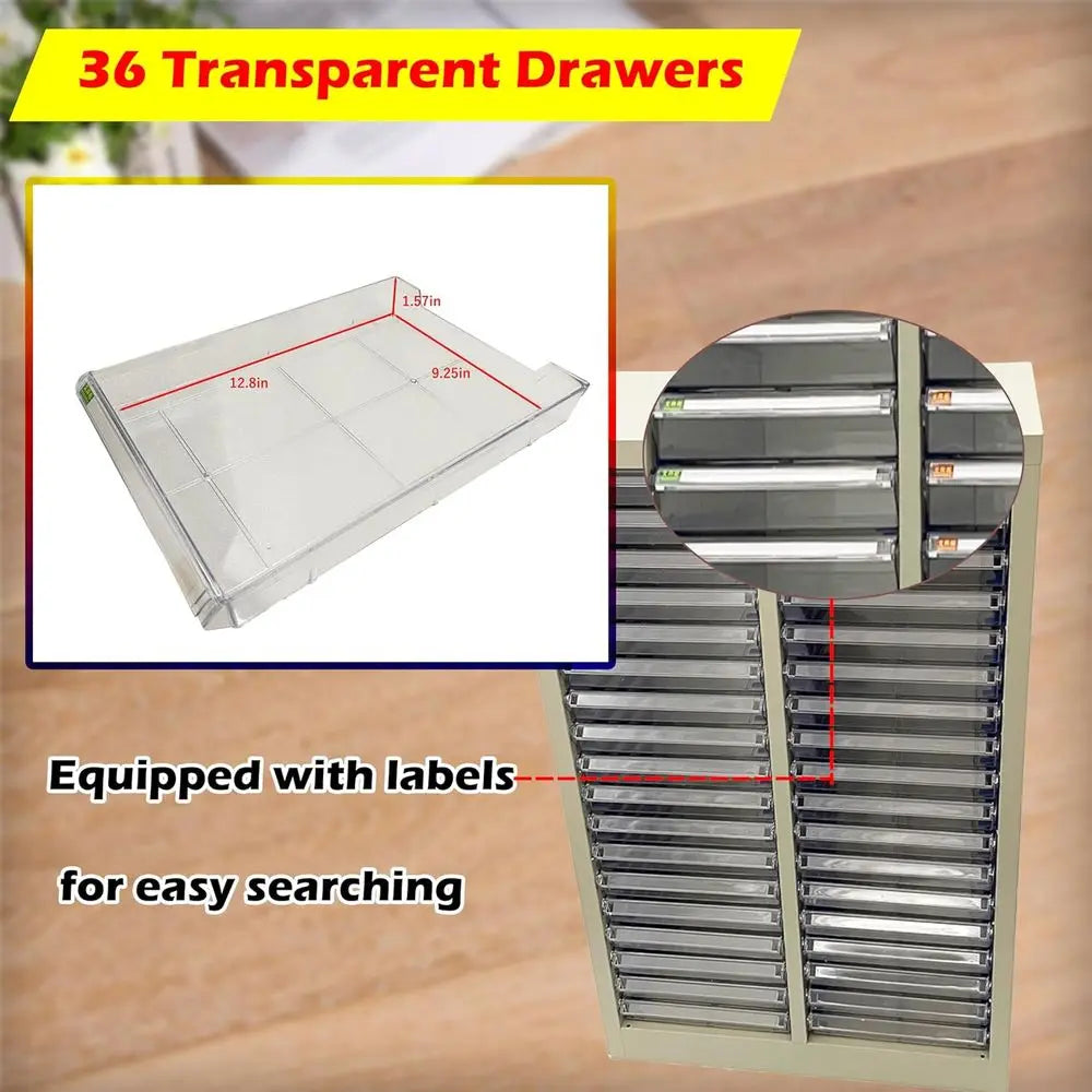 36-Drawer Steel Office Storage Cabinet with Transparent Drawers and Curved Handles for Small Items Organization