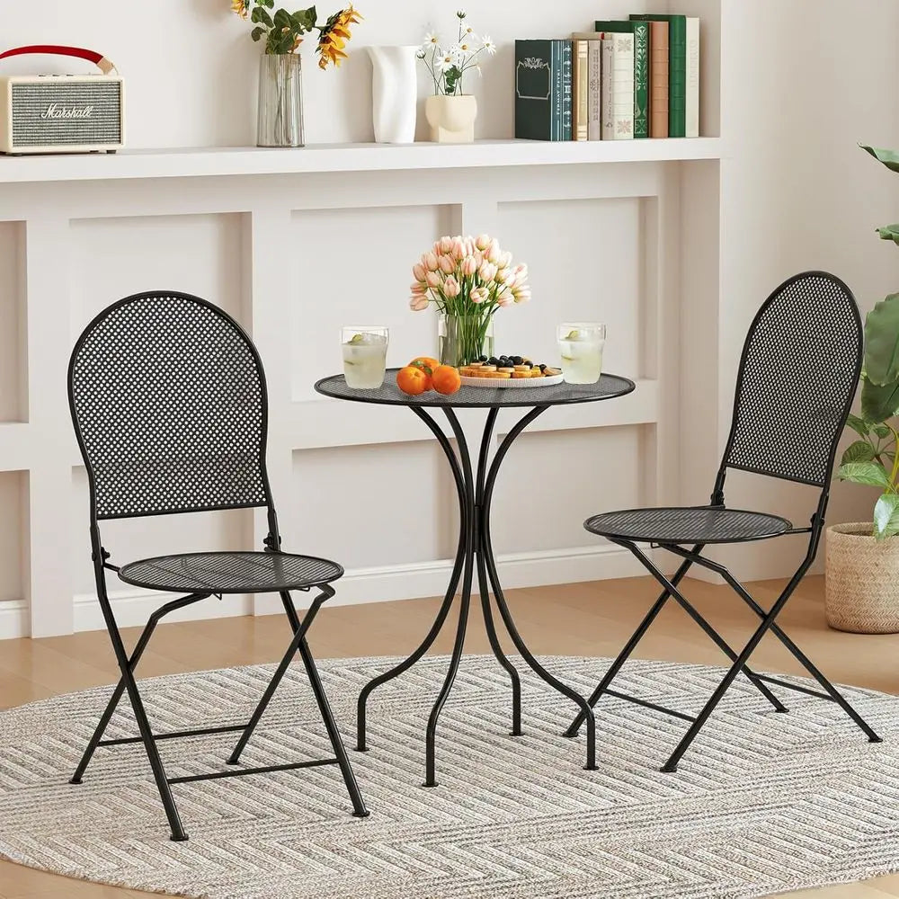 2-Seat Metal Patio Bistro Set with Round Table and Folding Chairs for Outdoor Garden and Porch