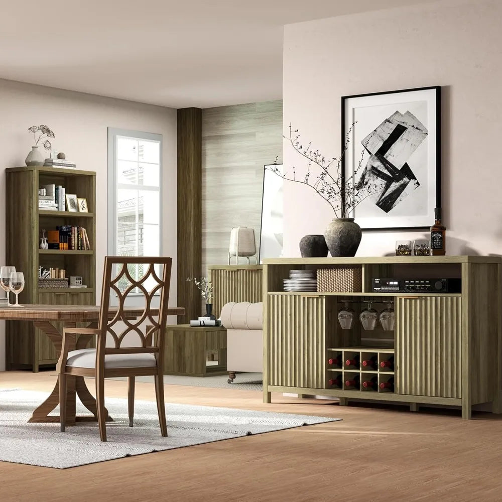 Fluted Bar Cabinet for Liquor, 51 Wide Modern Coffee Bar Sideboard with Glass Rack Adjustable Shelves, Farmhouse Buffet