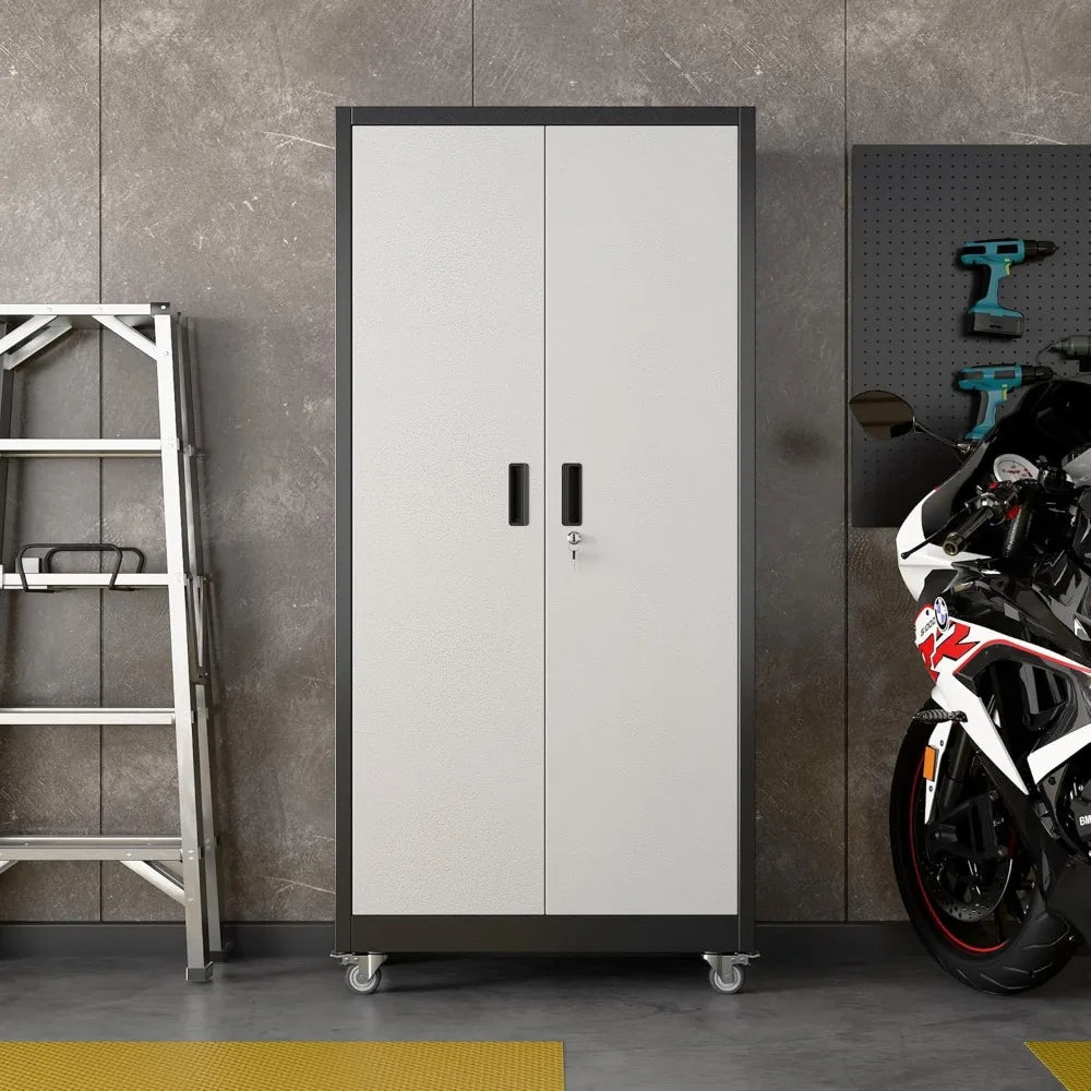 Adjustable Shelves Metal Garage Storage Cabinet with Wheels, 71 Tall, Lockable Doors, and Pegboard for Garage Organization