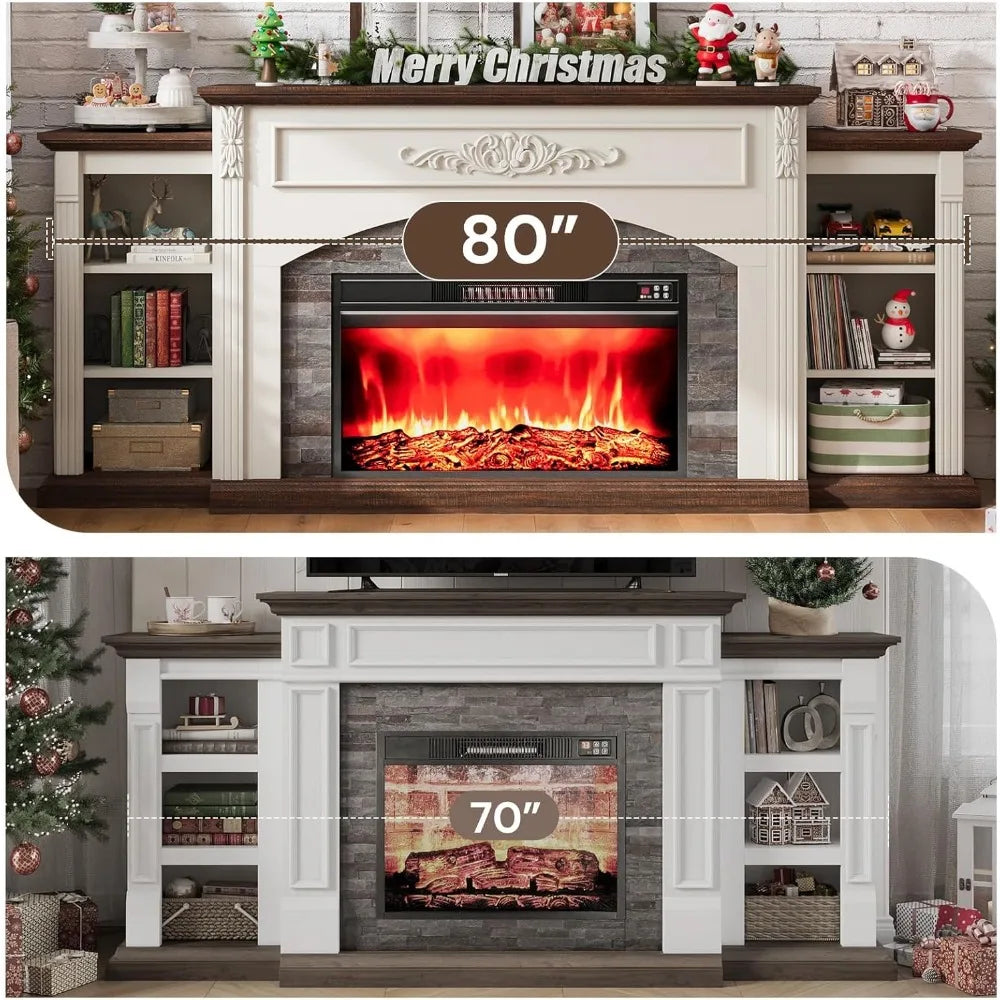 80" Electric Fireplace with Mantel,Fireplace TV Stand for TVs Up to 90"Modern Entertainment Center with Realistic Stacked Stone