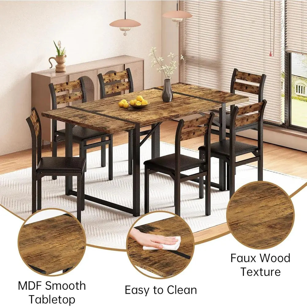 7-Piece Dining Table Set with 6 Chairs, 55" Wooden Kitchen Table & Chairs Set for 4-6, Dining Room Table and Chairs with Solid M