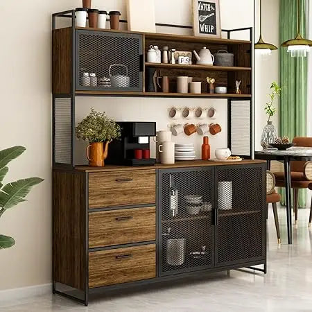 Modern Wood Sideboard Buffet Storage Cabinet with Hutch, 3 Metal Mesh Doors, 3 Drawers & Shelves, Kitchen Pantry Cupboard Conso