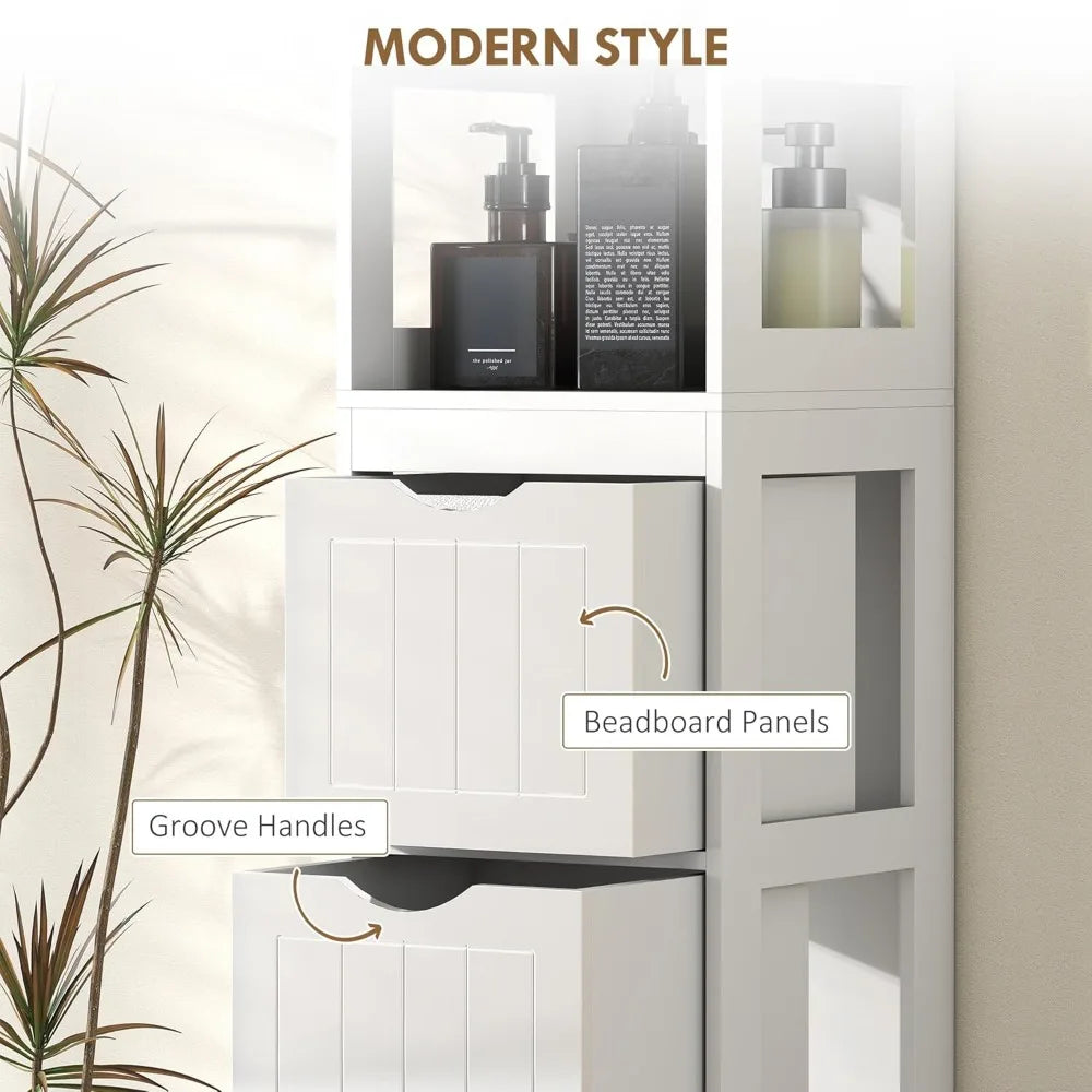 Slim Bathroom Storage Cabinet with 3 Drawers & 2 Shelves, Freestanding Organizer for Small Spaces, White