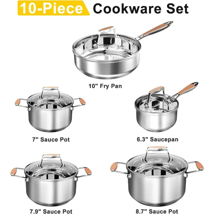 5Ply Stainless Steel Cookware Set with 10 Pieces Including Fry Pan Saucepan and Sauce Pots for Induction and All Stovetops NonT