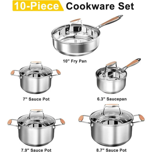 5Ply Stainless Steel Cookware Set with 10 Pieces Including Fry Pan Saucepan and Sauce Pots for Induction and All Stovetops NonT