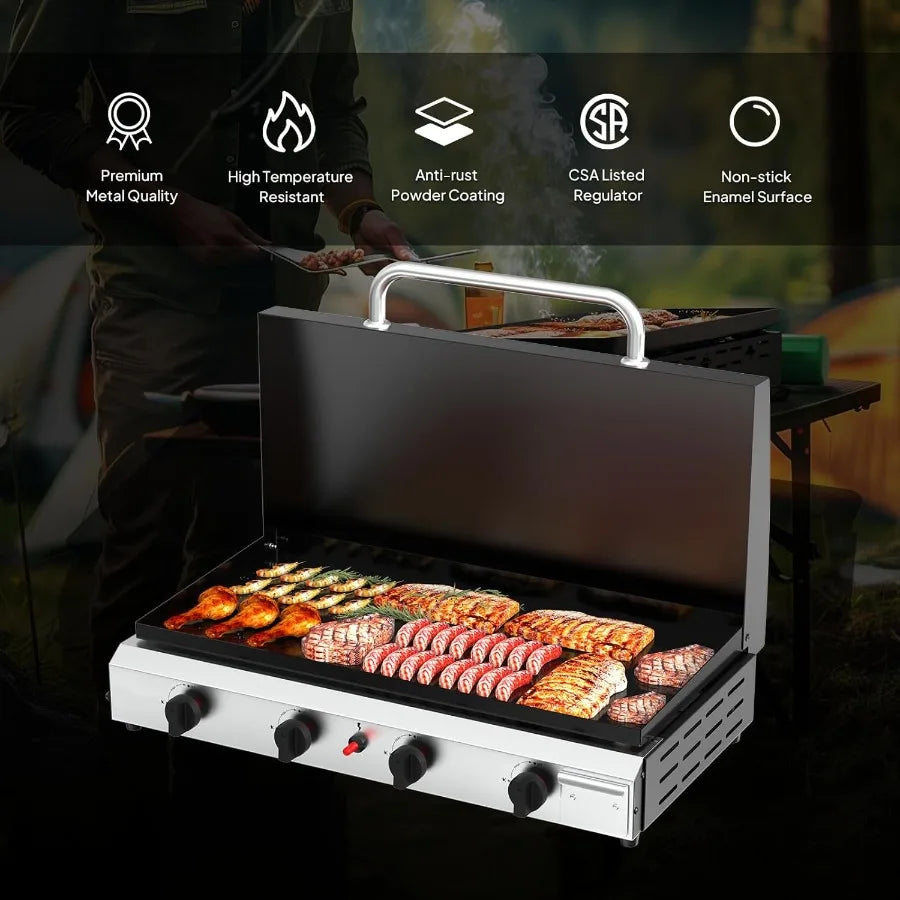 4 Burner Portable Propane Griddle with Lid 40000BTU Tabletop Flat Gas Grill with Ignition and Oil Collector for Outdoor Cooking