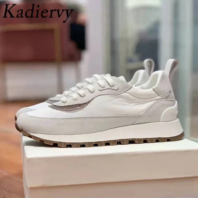 Spring Autumn Sneakers Women Lace Up Round Toe Flat Shoes Lady Suede Leather Patchwork Casual Comfort Outdoor Sports Shoes Woman