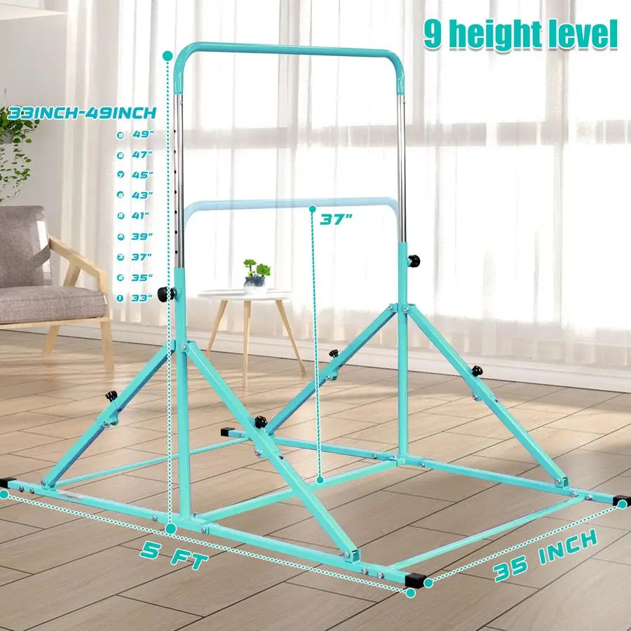 Foldable Gymnastic Bar for Kids Ages 312, 9 Height Levels, 200 lbs Weight Capacity, 5 Ft Length Gymnastic Kip Bar with Mat, Gymn
