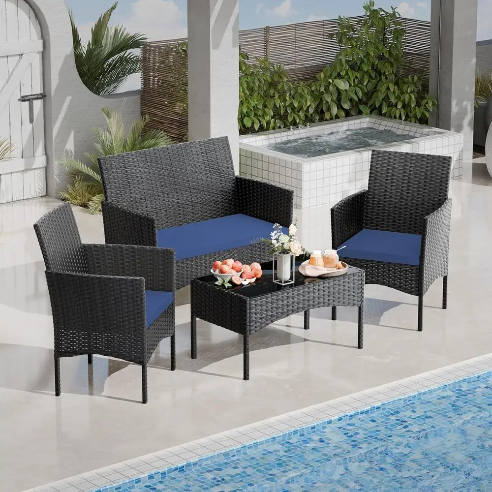Dark Blue Outdoor Patio Conversation Set: 4-Piece Rattan Wicker Furniture with Sofa, Chairs & Glass Table for Garden, Poolside,