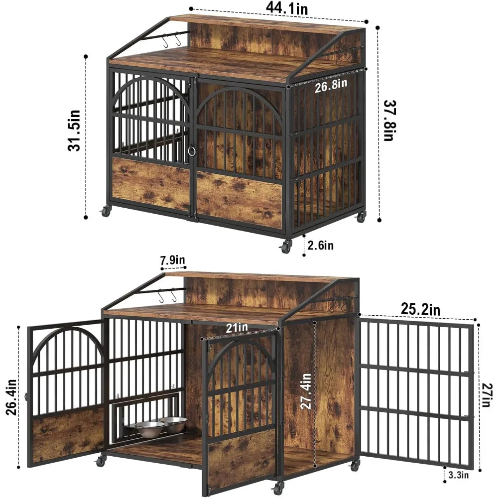 Heavy-Duty 44 Inch Dog Crate with Triple Doors, Stainless Steel Bowls, Lockable Wheels, Wooden Kennel for Large Dogs
