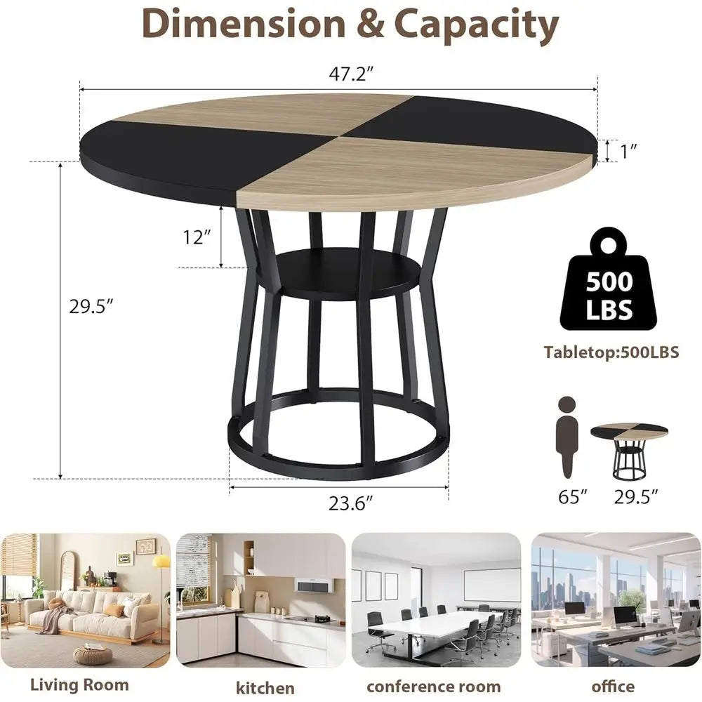 Round 47 Inch Farmhouse Dining Table, Space-Saving Wood Kitchen Furniture with Storage and Metal Legs, Black Wood Circle Dinner