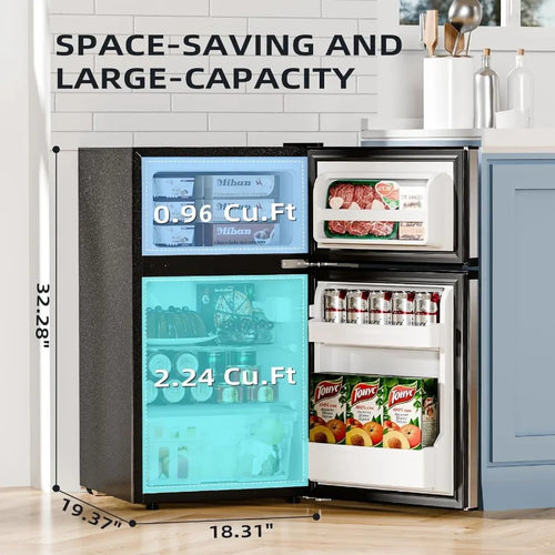 3.2 Cu.Ft Mini Refrigerator with Freezer Double Door Compact Fridge for Bedroom Office Dorm Kitchen - Adjustable Thermostat Sil