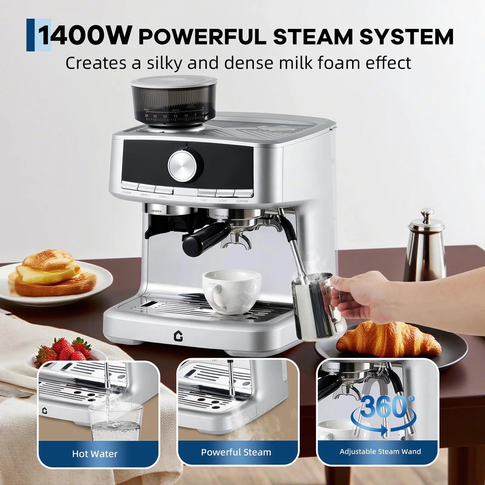 20-Bar Stainless Steel Espresso Machine With 30-Setting Grinder & Milk Frother 1.5L Removable Tank Adjustable Shot Volume