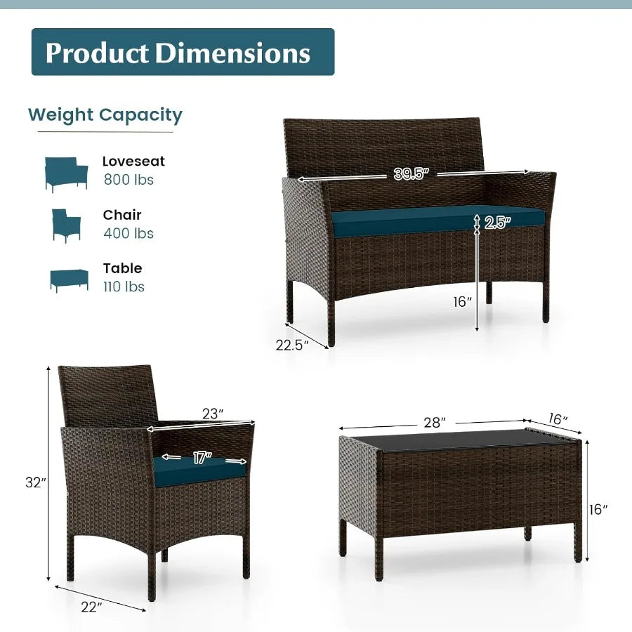 8 Piece Patio Rattan Conversation Set Outdoor Wicker Furniture Set with Chair Loveseat Tempered Glass Table Cozy Seat