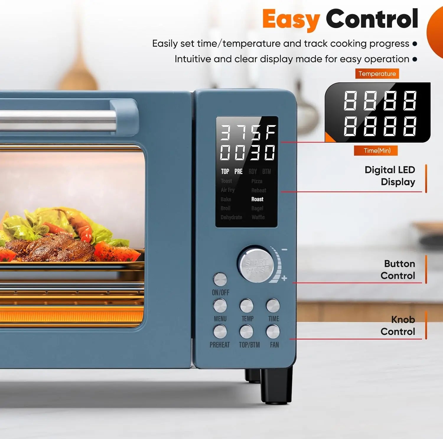 Bravo Pro 10-in-1 Convection Air Fryer Toaster Oven, 21Qt, Cozy Blue, 50-450°F, PFAS Free