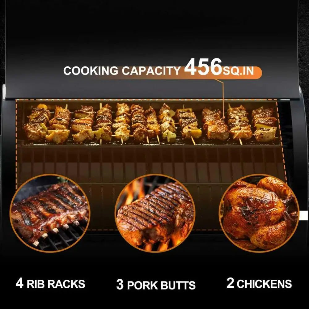 8-in-1 Outdoor Electric Wood Pellet BBQ Grill with Auto Feed, PID Control (180-450°F), and Rain Cover, 456 Sq. In. Cook Area