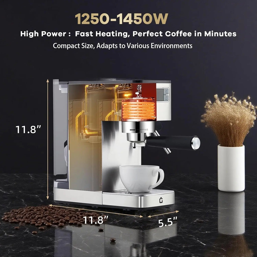 20-Bar Espresso Machine With Steam Milk Frother Stainless Steel 34oz Removable Tank Compact Silver Home Barista Maker