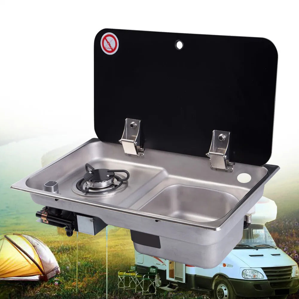 Drop in RV Gas Stove with Stainless Steel Sink Efficient Combustion for Camper Van Kitchen and Outdoor Cooking
