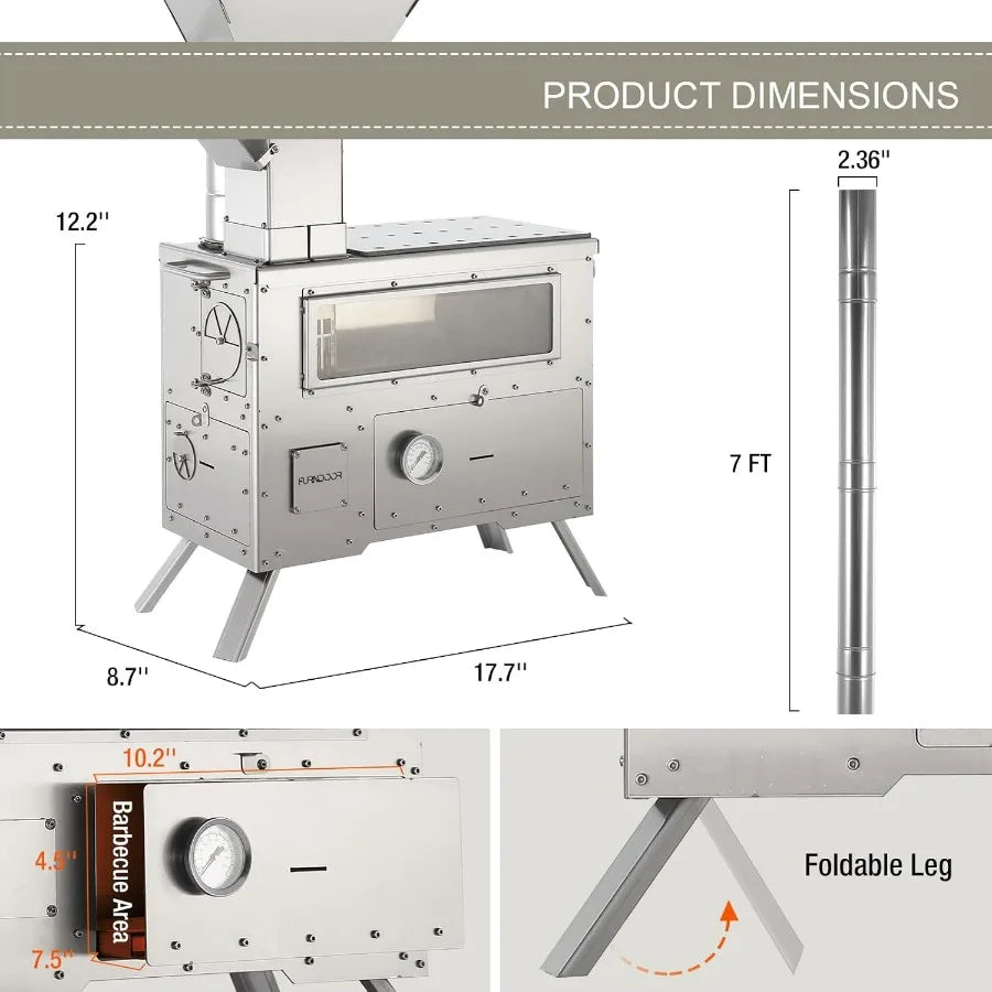 Wood Burning Stove with Oven for Outdoor Winter Camping and Hunting: Portable Pellet Stove Made of 304 Stainless Steel with Int