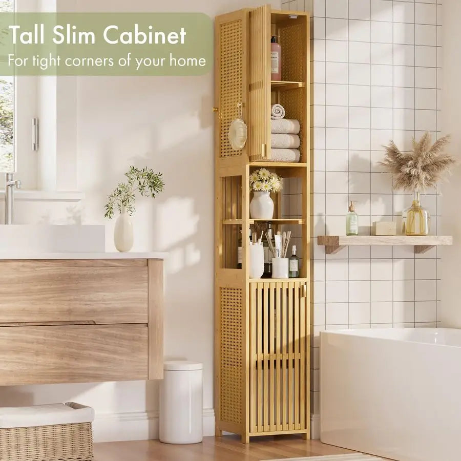 70 Tall Bathroom Storage Cabinet Bamboo, Slim Storage Cabinet with Rattan Door and Adjustable Shelves, Narrow Freestanding Organ
