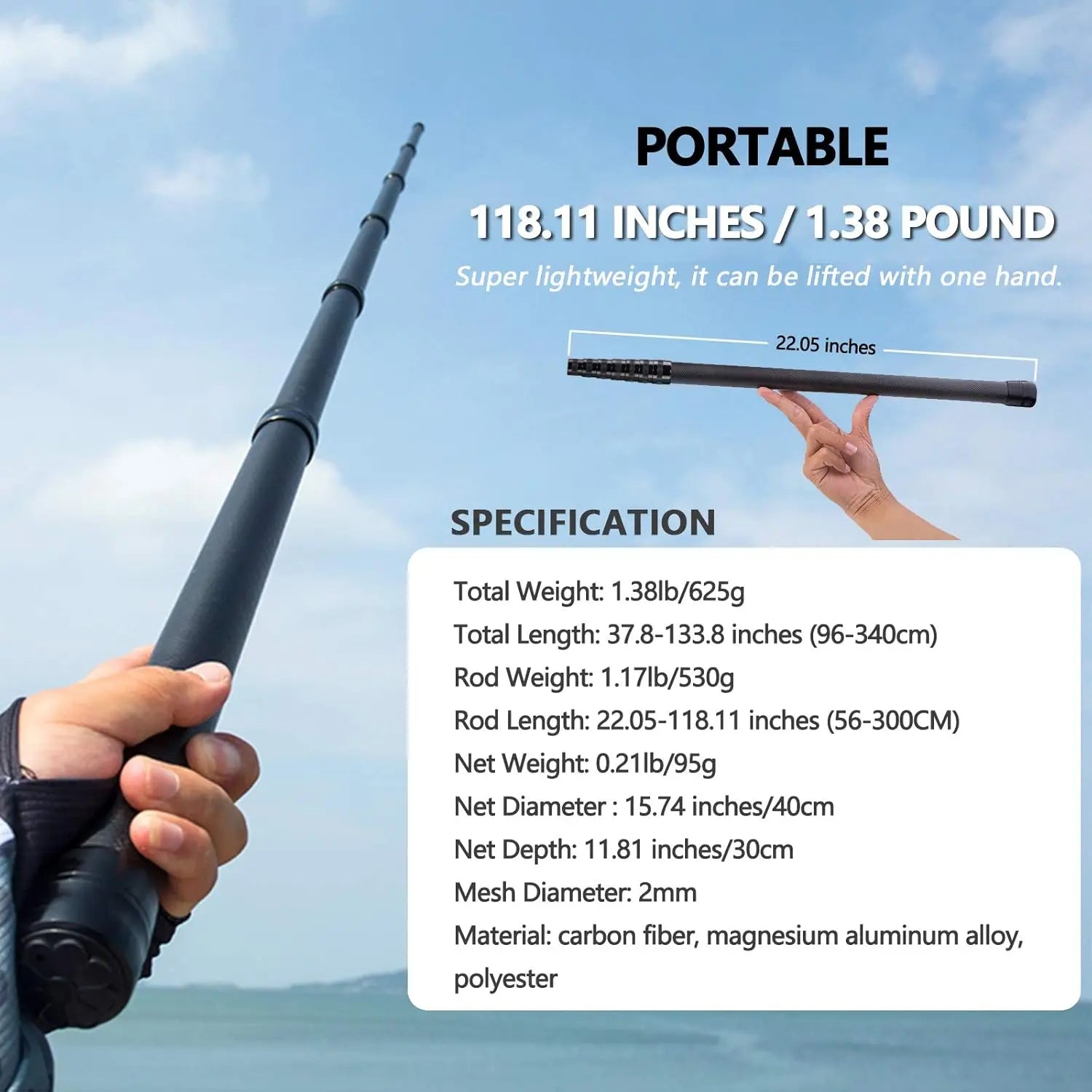 9ft/11.15ft Carbon Fiber Telescoping Fishing Net with Rubber Coated Netting, Holds up to 20lbs