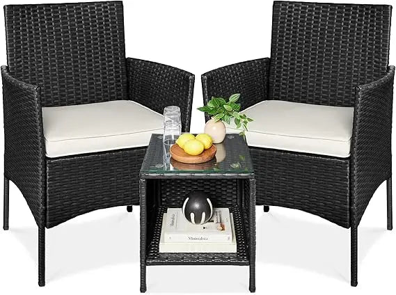 3-Piece Outdoor Wicker Conversation Bistro Set, Space Saving Patio Furniture for Garden w/Side Table - Gray/Navy