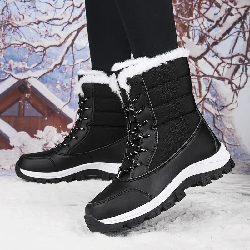 Thickened High-Top Winter Snow Boots Women's Warm Fleece Lined Outdoor Shoes Anti-Slip Rubber Sole Long Hair Design