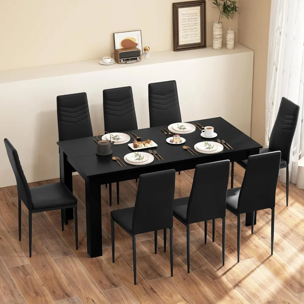 9-piece Set of 6-8 Person Dining Table, Modern Rectangular Dining Table, Equipped with 8 PVC Leather Dining Chairs