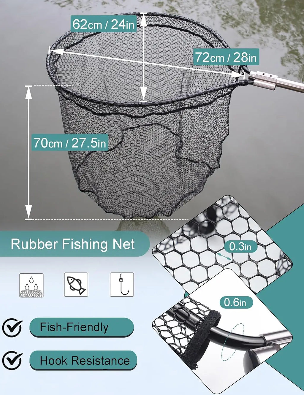 Large Telescoping Fishing Net with Rubber Mesh - Adjustable 70-94 Inch Handle for Kayak & Saltwater Fishing