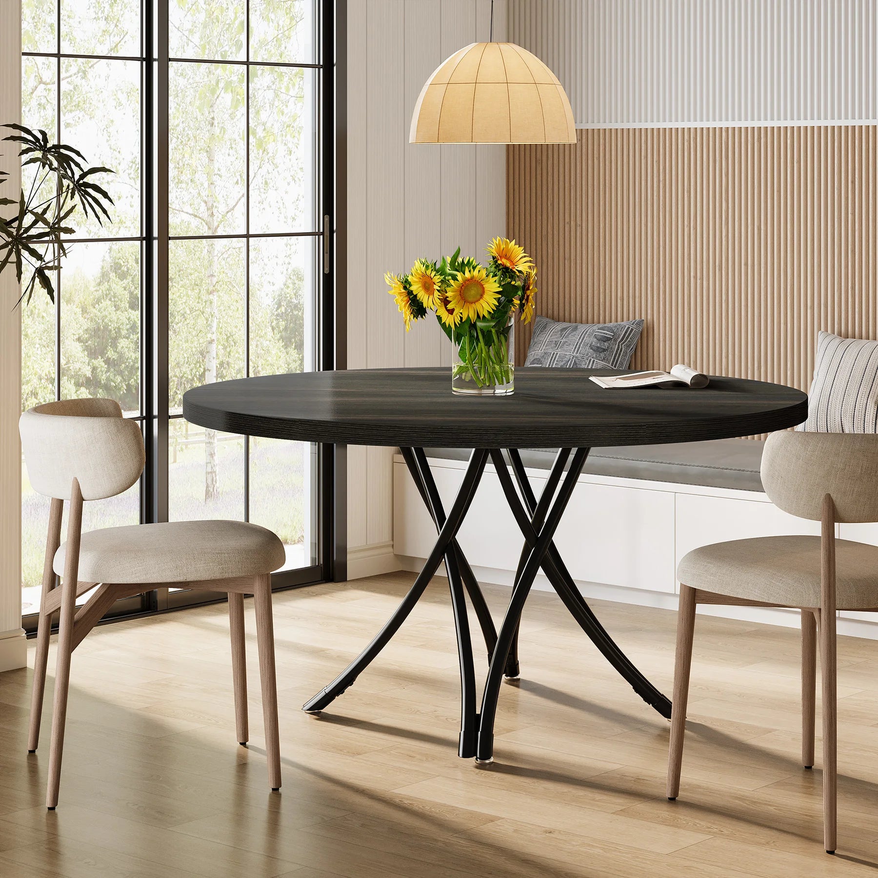 Tribesigns Round Dining Table, 47-Inch Wood Large Farmhouse and Modern Kitchen Table for 4-6 People with Gray Frame