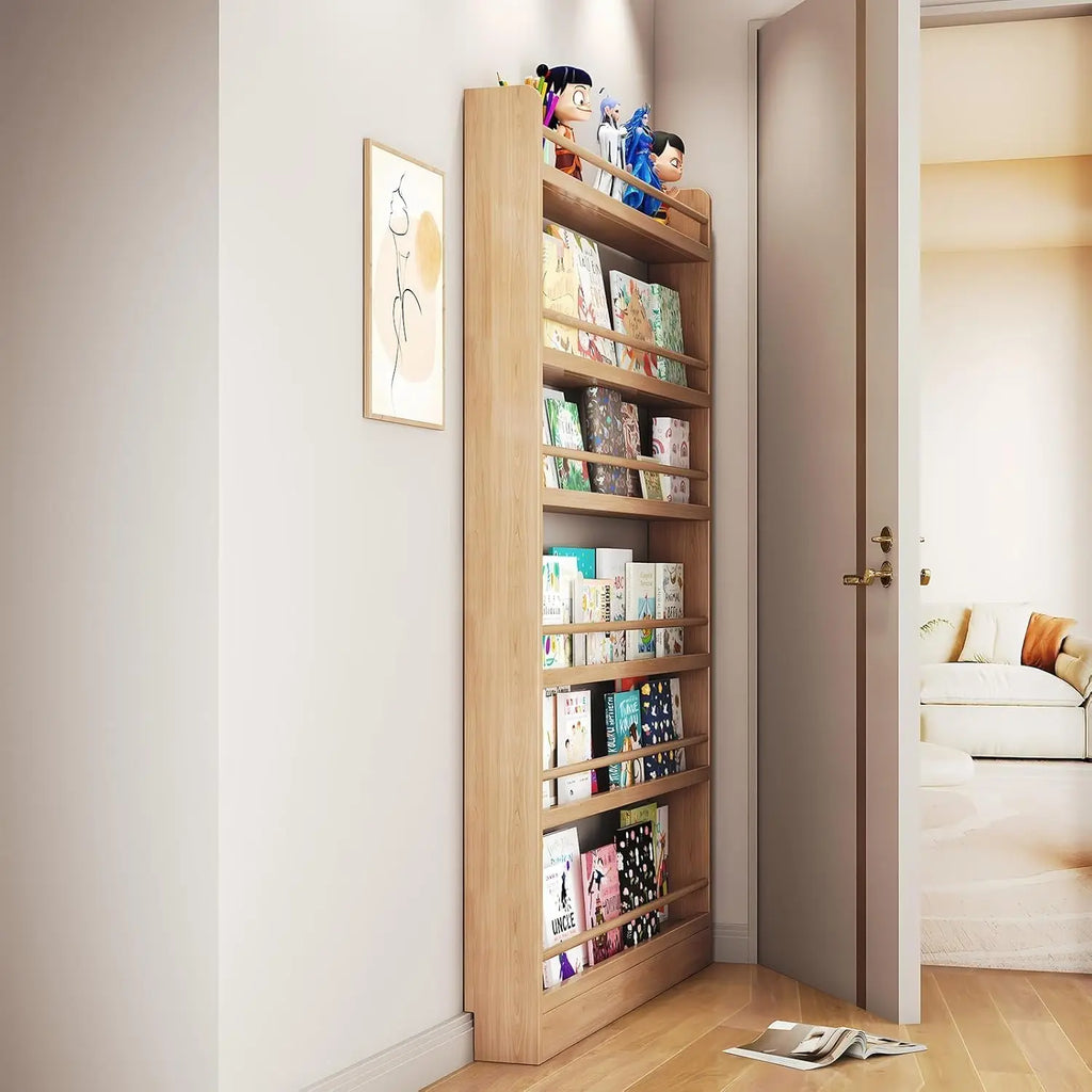 Behind The Door Bookshelf, 6-Tier Wooden Bookcases with Open Display Shelves, Behind The Door Storage Organizer for Toys and Boo