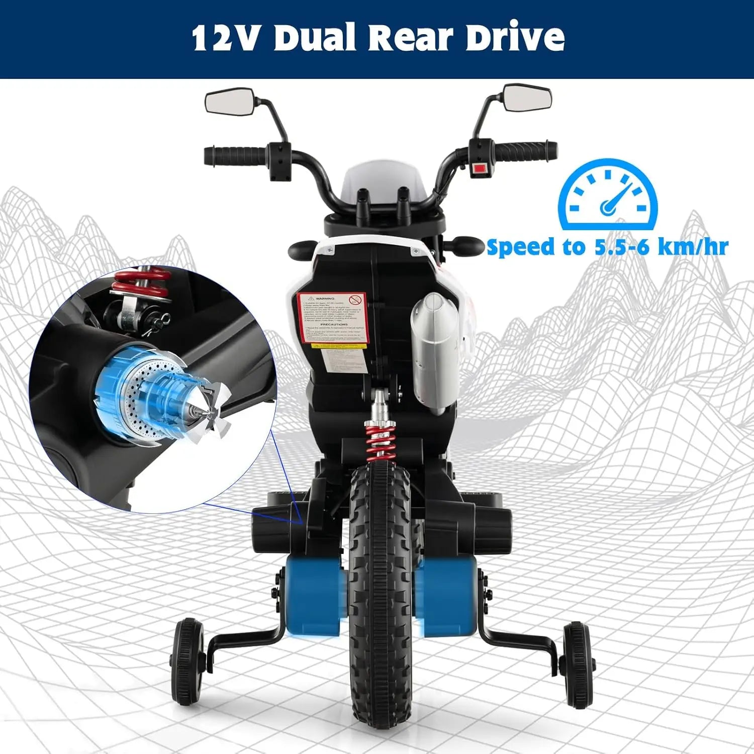 Kids Electric Dirt Bike, Aprilia RX125 Licensed 12V Ride-on with Training Wheels, Suspension, Bluetooth & Lights