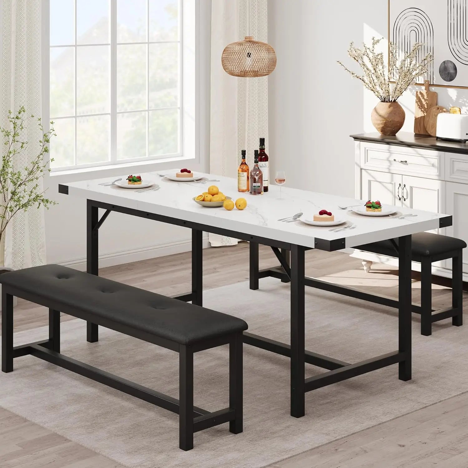 3-Piece Dining Table Set for 4-6 People, Extendable Kitchen Table Set with 2 Upholstered Benches, Dining Room Table, Customized