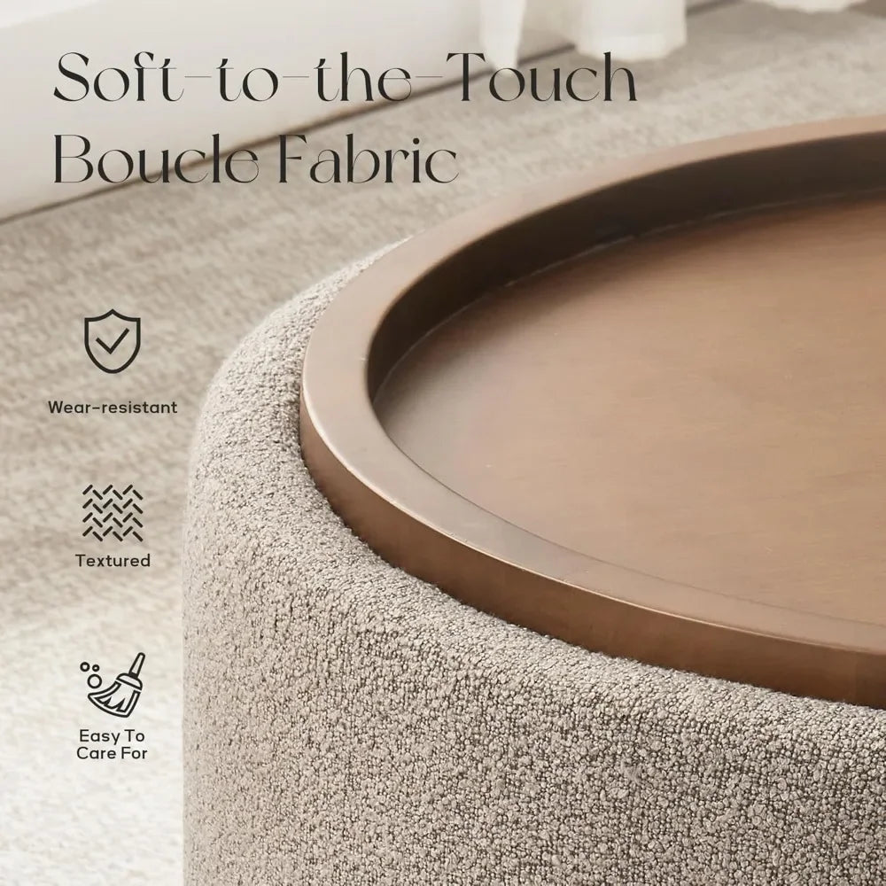 30 Inch Round Storage Ottoman Coffee Table, Modern Boucle Ottoman with Lift-Off Lid and Solid Wood Legs for Living ，Customized