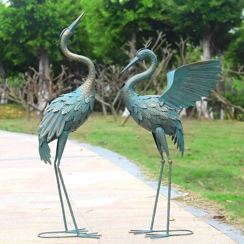 33-37 Inch Crane Statues Set of 2, Spread Wings Metal Bird Sculpture for Outdoor Lawn & Patio