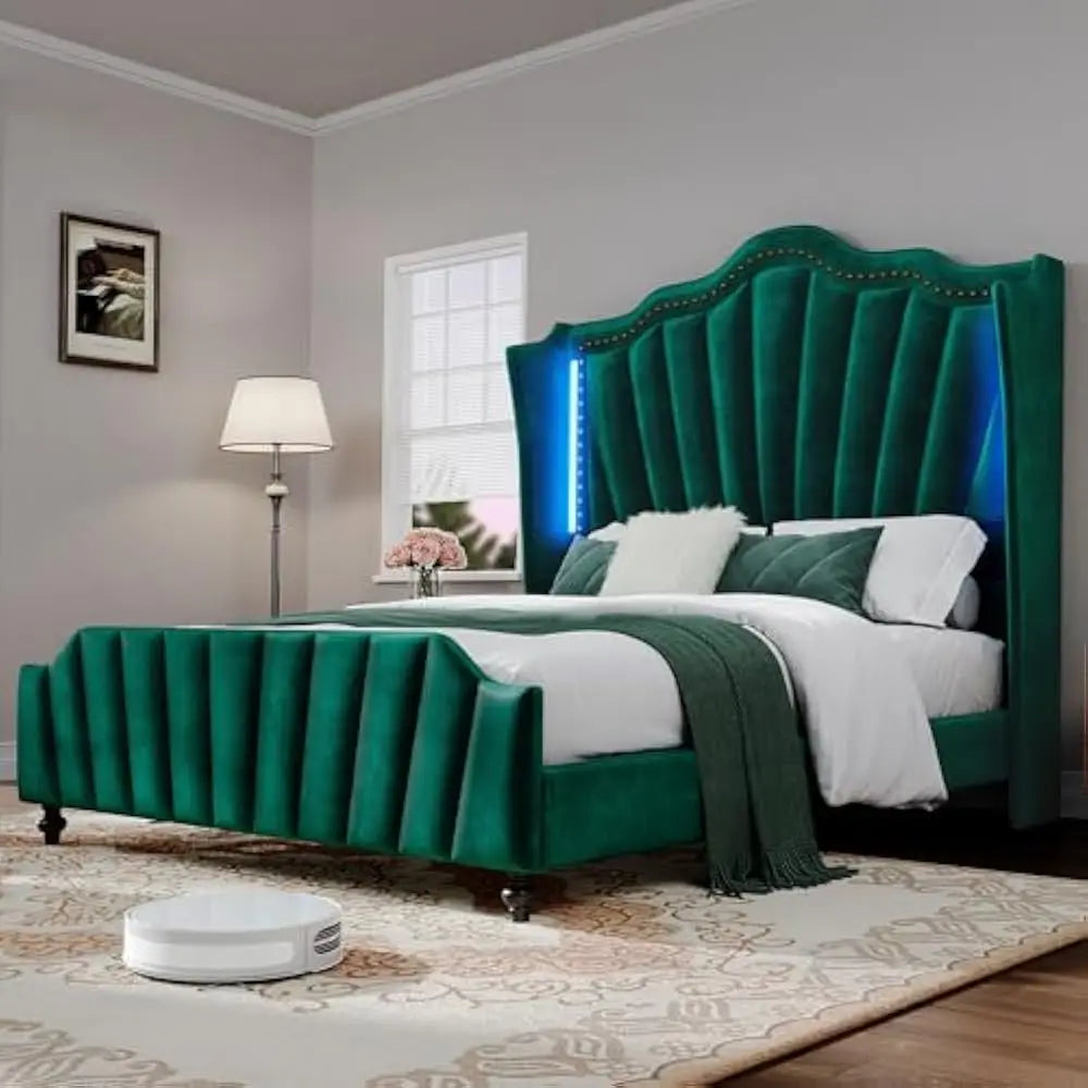 LED Queen Size Platform Bed Frame with 60" Tall Wingback Headboard and Footboard, Velvet Upholstered Bed, No Box Spring Needed