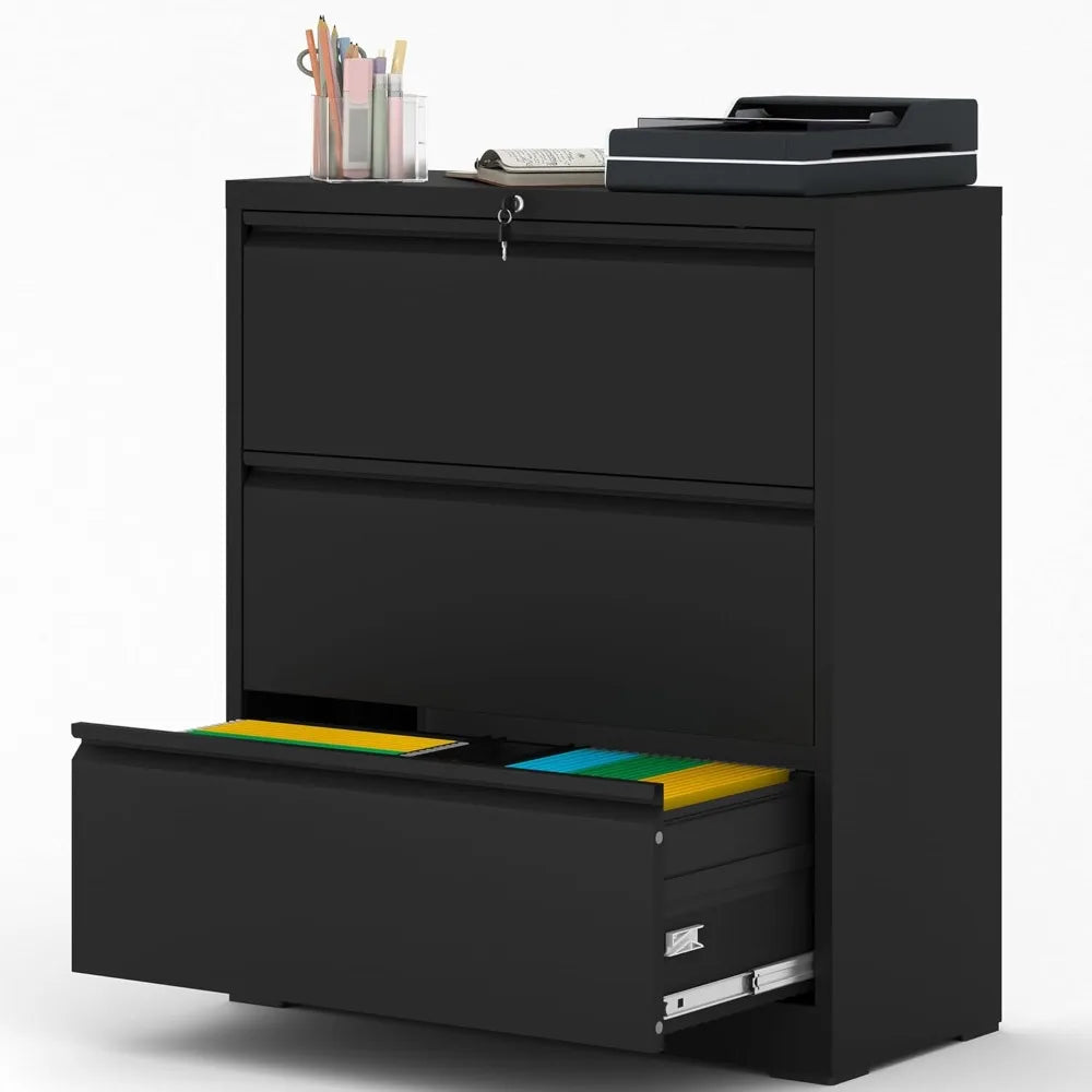 File Cabinet with Lock, 3 Drawer Lateral Filing Cabinet for Home Office, Black Metal Heavy Duty File Cabinets for Hanging Letter