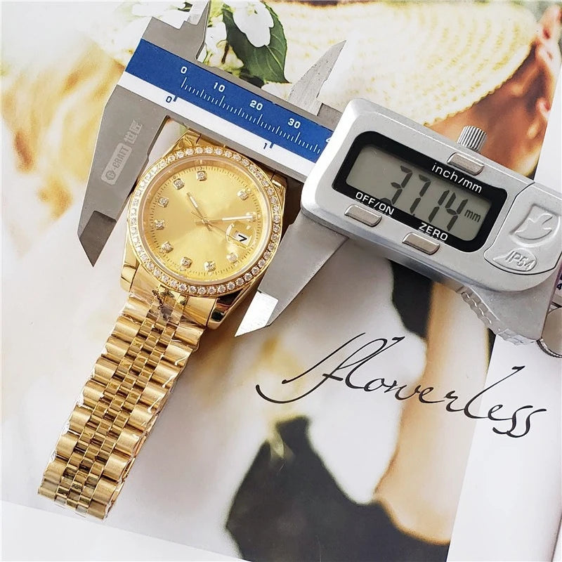 Luxury Gold Plated Mens Watch Full Diamond Bezel Automatic Mechanical Movement Multi Function All Steel Wristwatch Top Watch