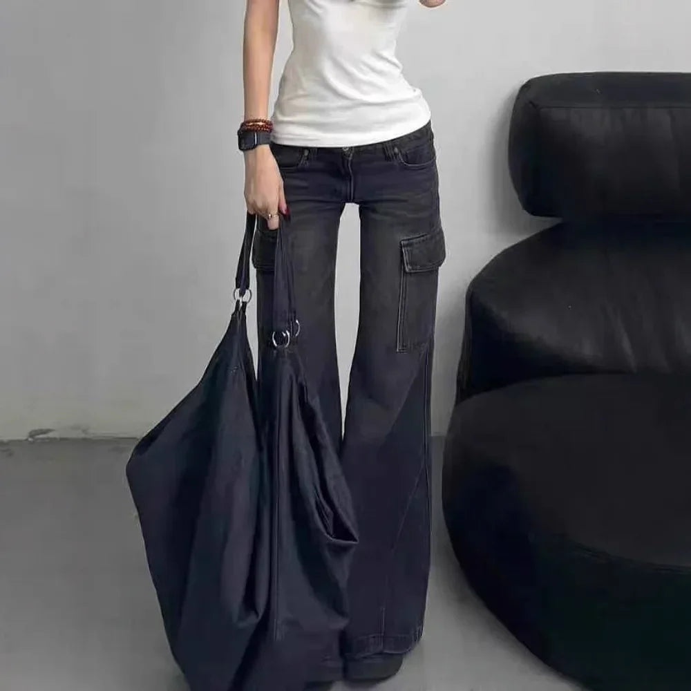 Trendy American Style Low Waist Micro Flared Work Denim Jeans Women's Autumn/Winter New Pocket Slimming Casual Pants