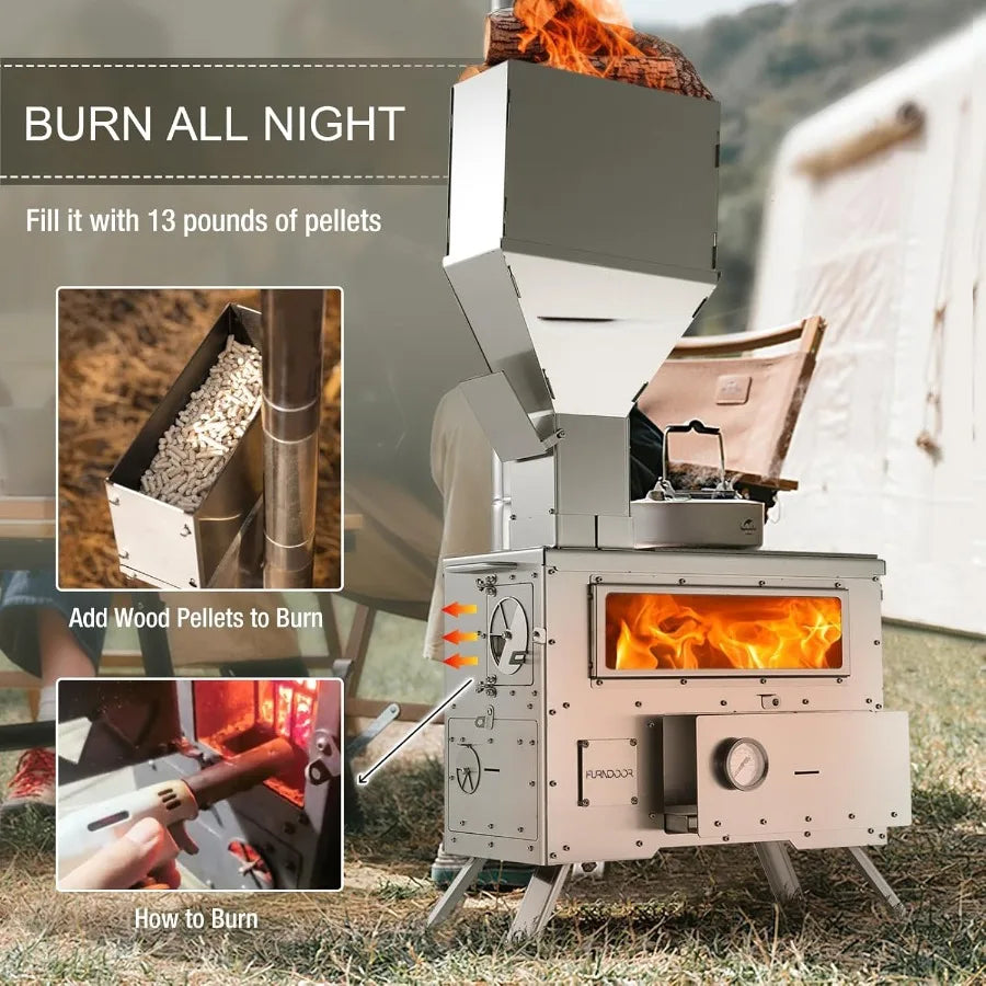 Wood Burning Stove with Oven for Outdoor Winter Camping and Hunting: Portable Pellet Stove Made of 304 Stainless Steel with Int